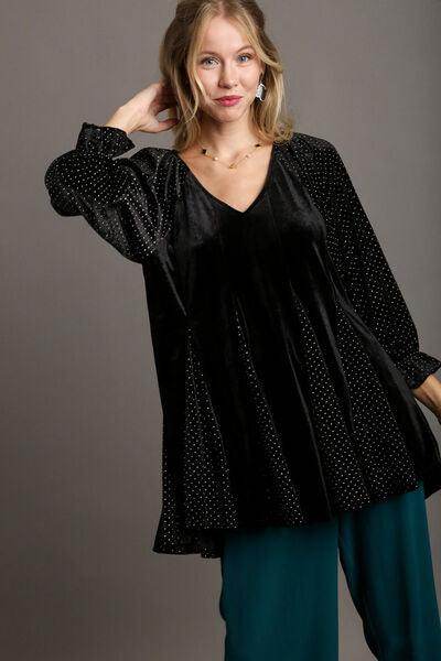 Umgee Godet Hem Polka Dot V-Neck Blouse for Women