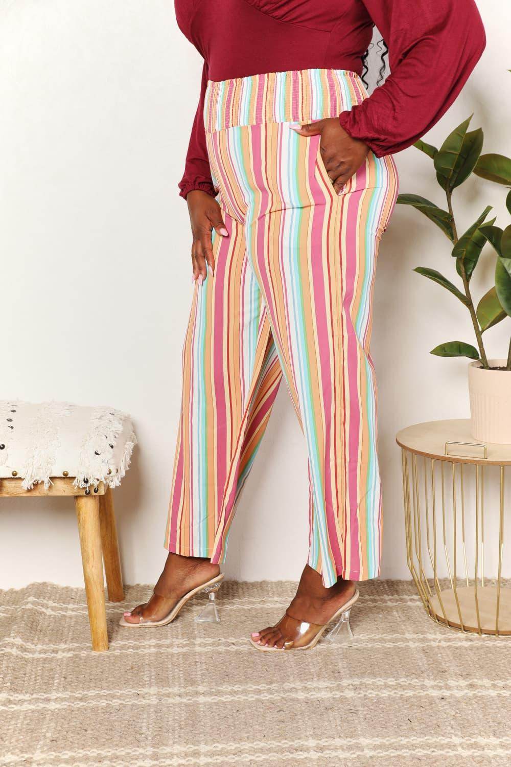 Double Take Striped Smocked Waist Pants with Pockets Stylish