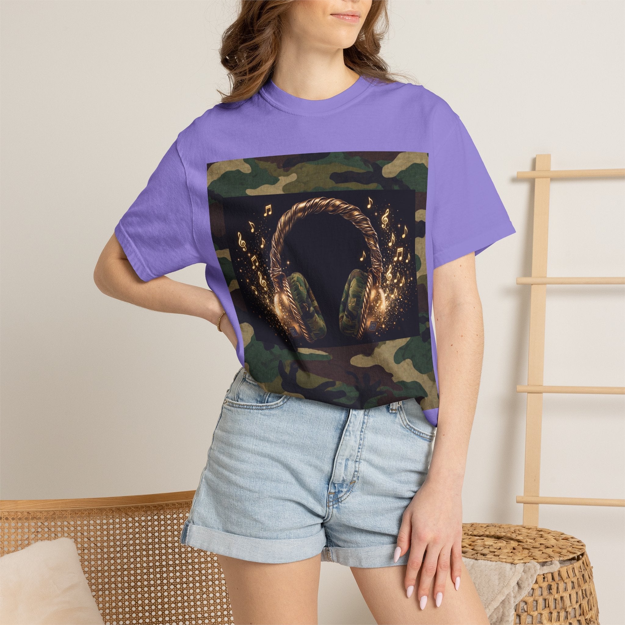 Camo Headphones Tee — Gold Spark DJ Music Graphic T-Shirt