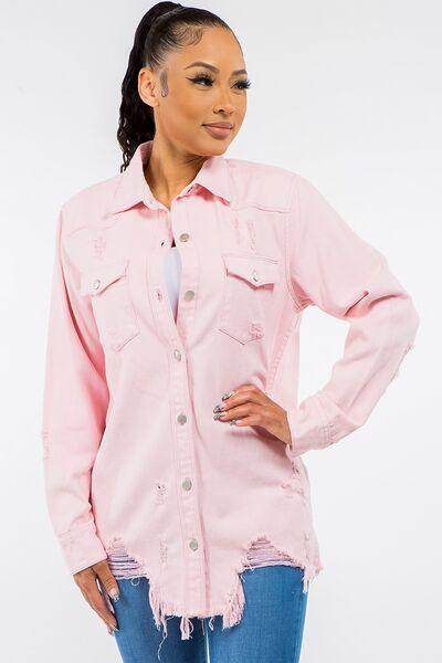 American Bazi Frayed Hem Distressed Denim Jacket for Women
