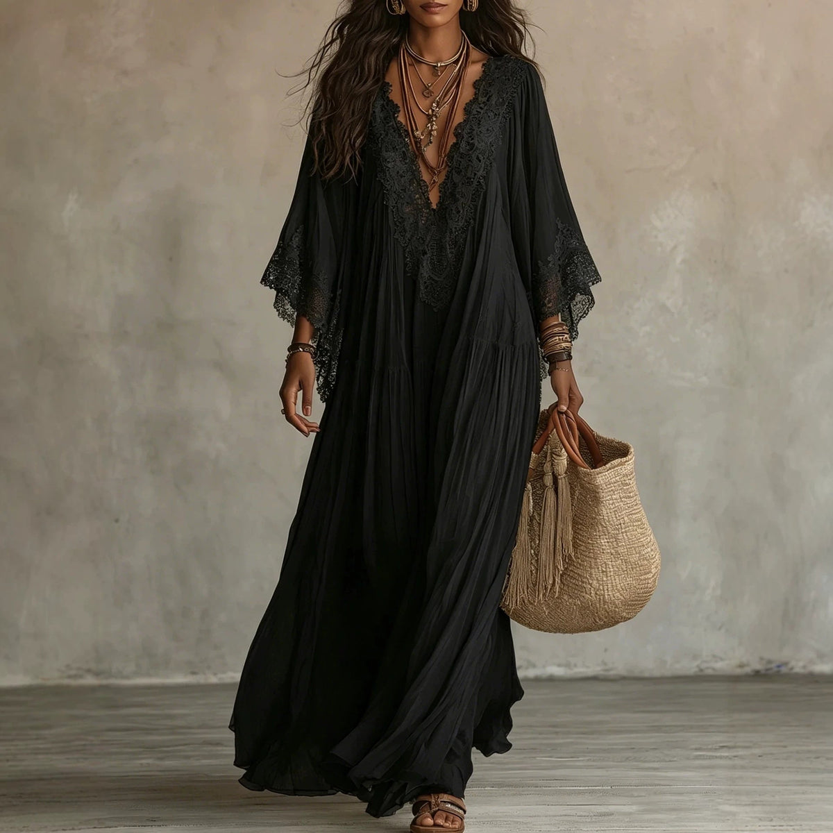 Women's Deep V-Neck Lace Trim Flared Sleeve Boho Maxi Dress