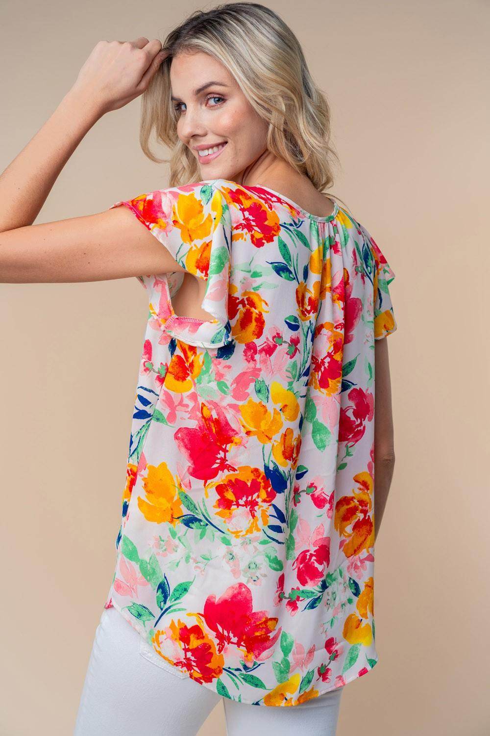 White Birch Full Size Short Sleeve Floral Woven Top for Women