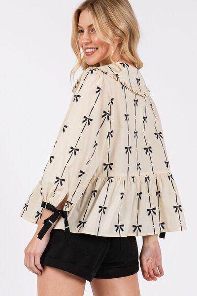 SAGE + FIG Bow Print Tie Front Babydoll Blouse for Women