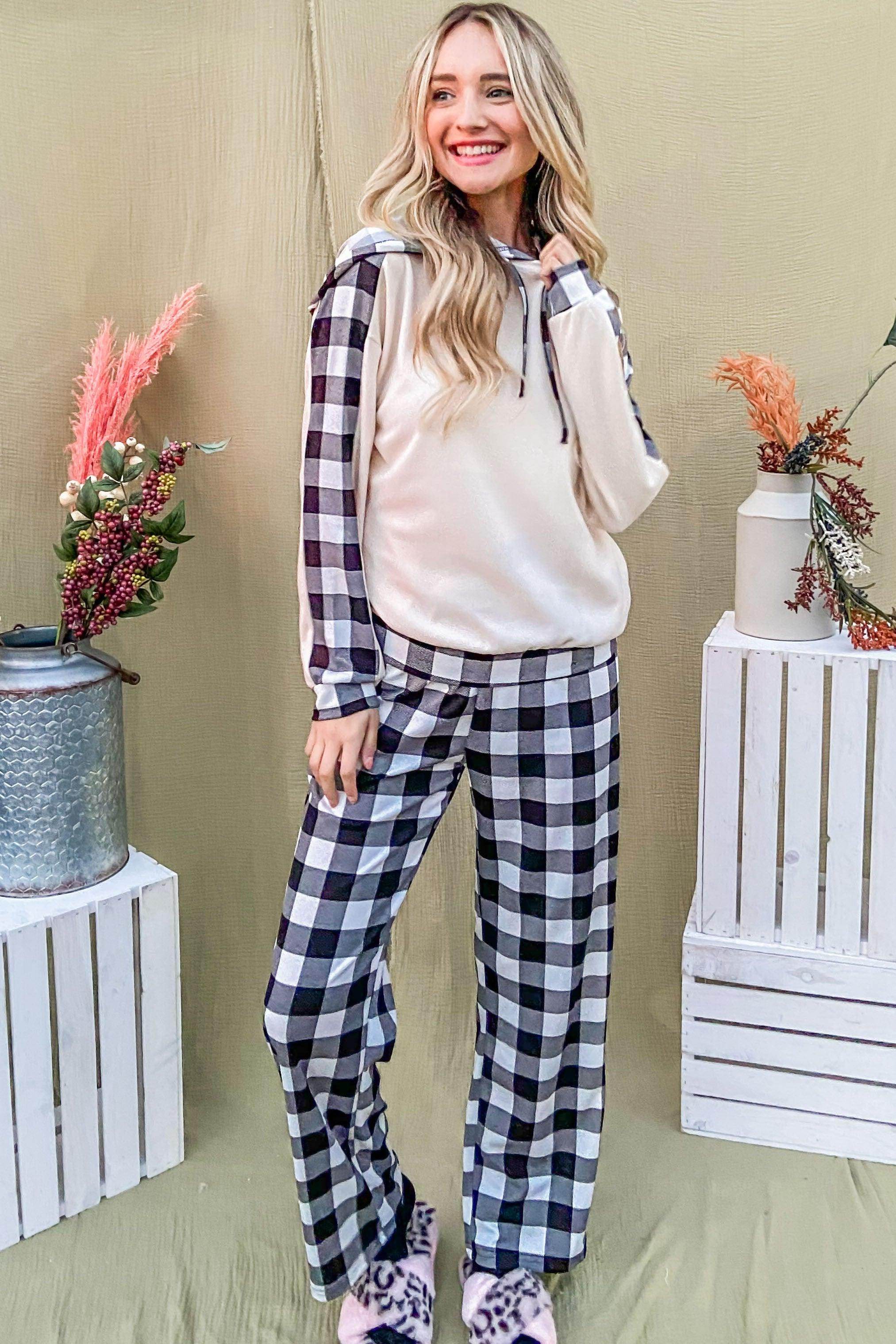 And The Why Drawstring Hooded Top and Plaid Pants Set