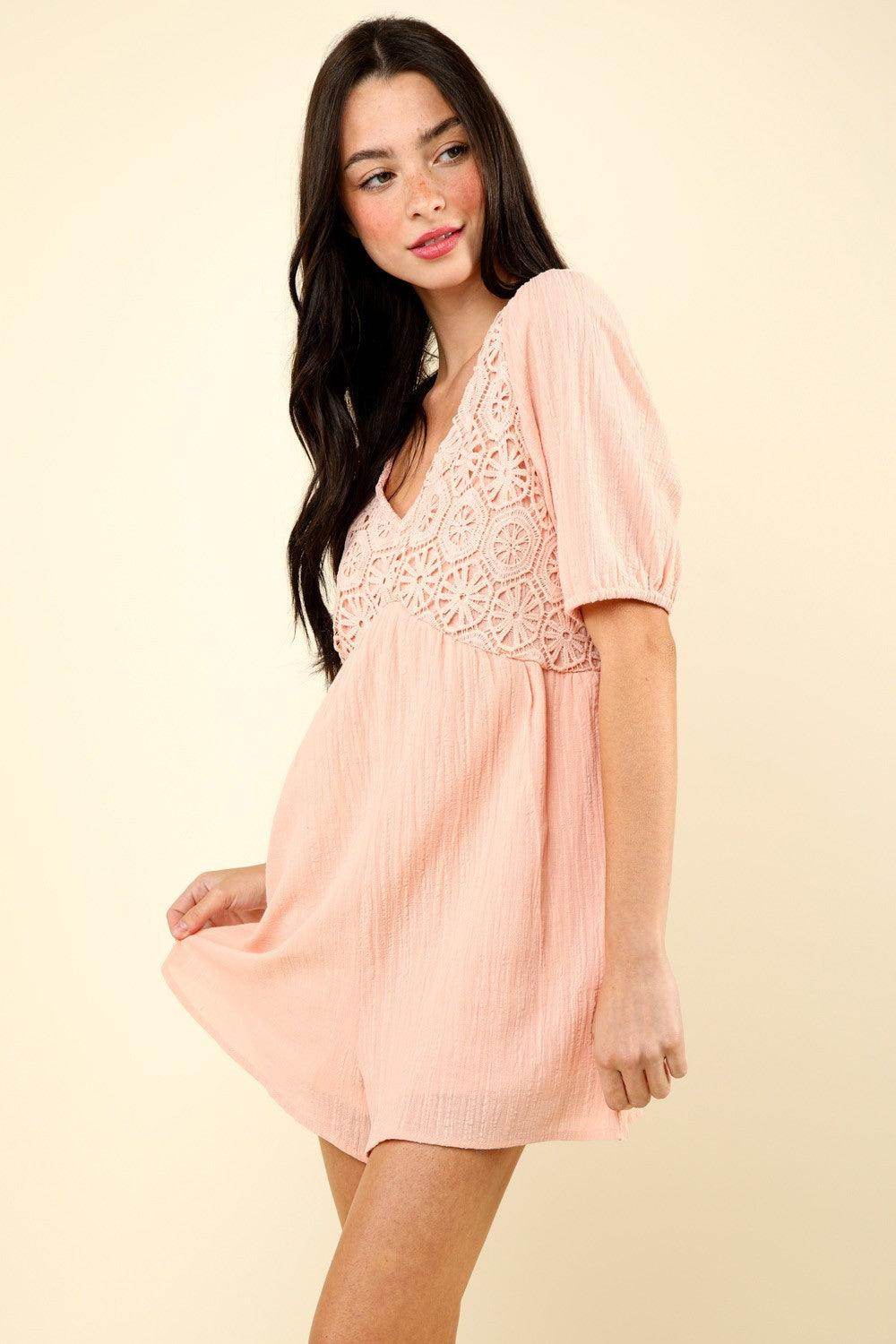 Very J Lace Detail Puff Sleeve Romper with Pockets