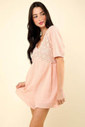 Very J Lace Detail Puff Sleeve Romper with Pockets