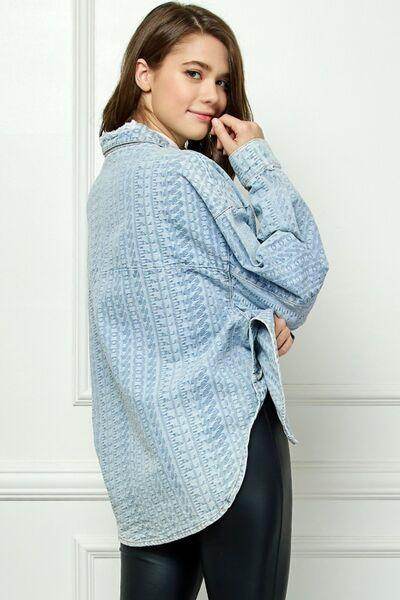 Veveret Button Up Dropped Shoulder Denim Top for Women