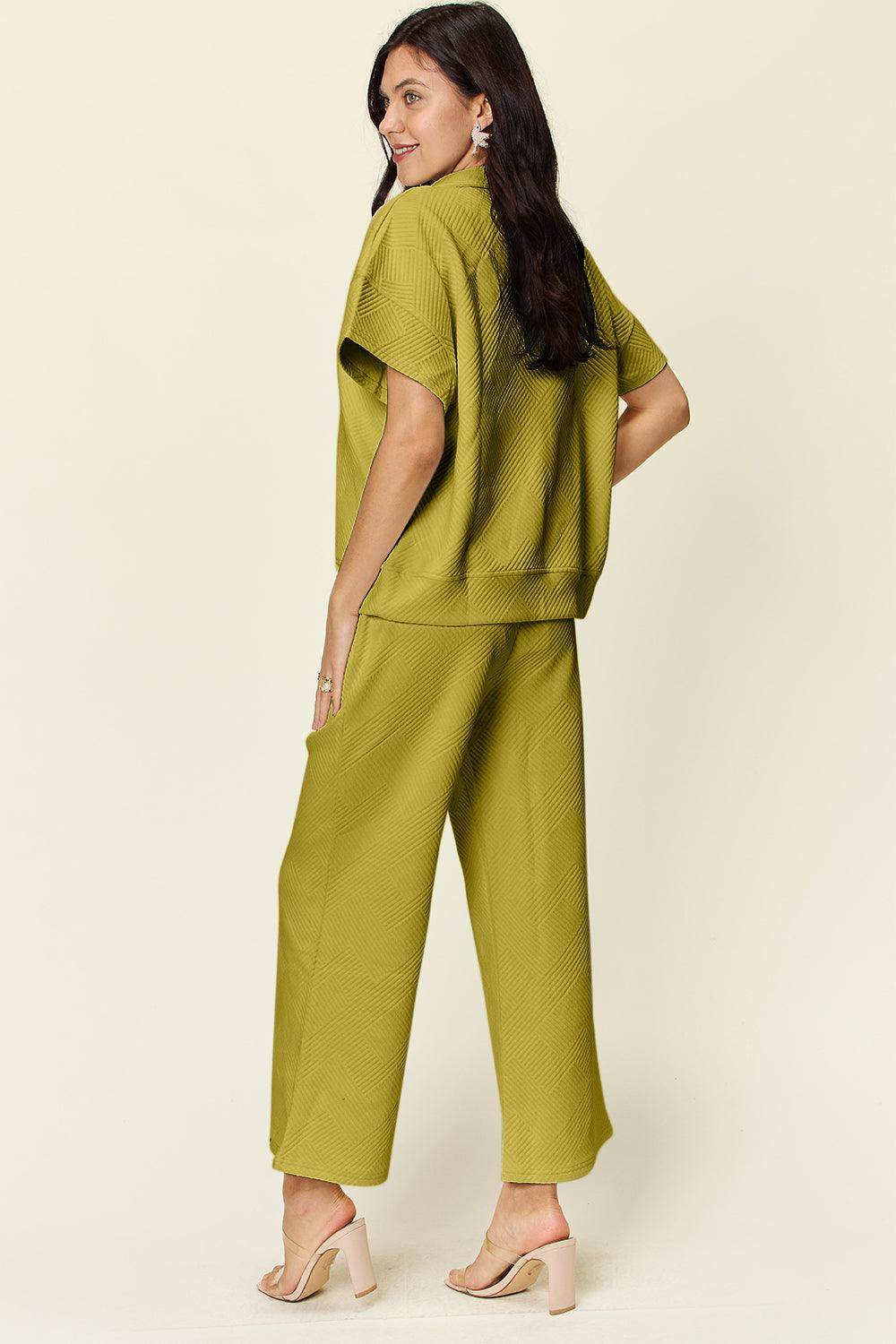Double Take Full Size Texture Half Zip Short Sleeve Top Set