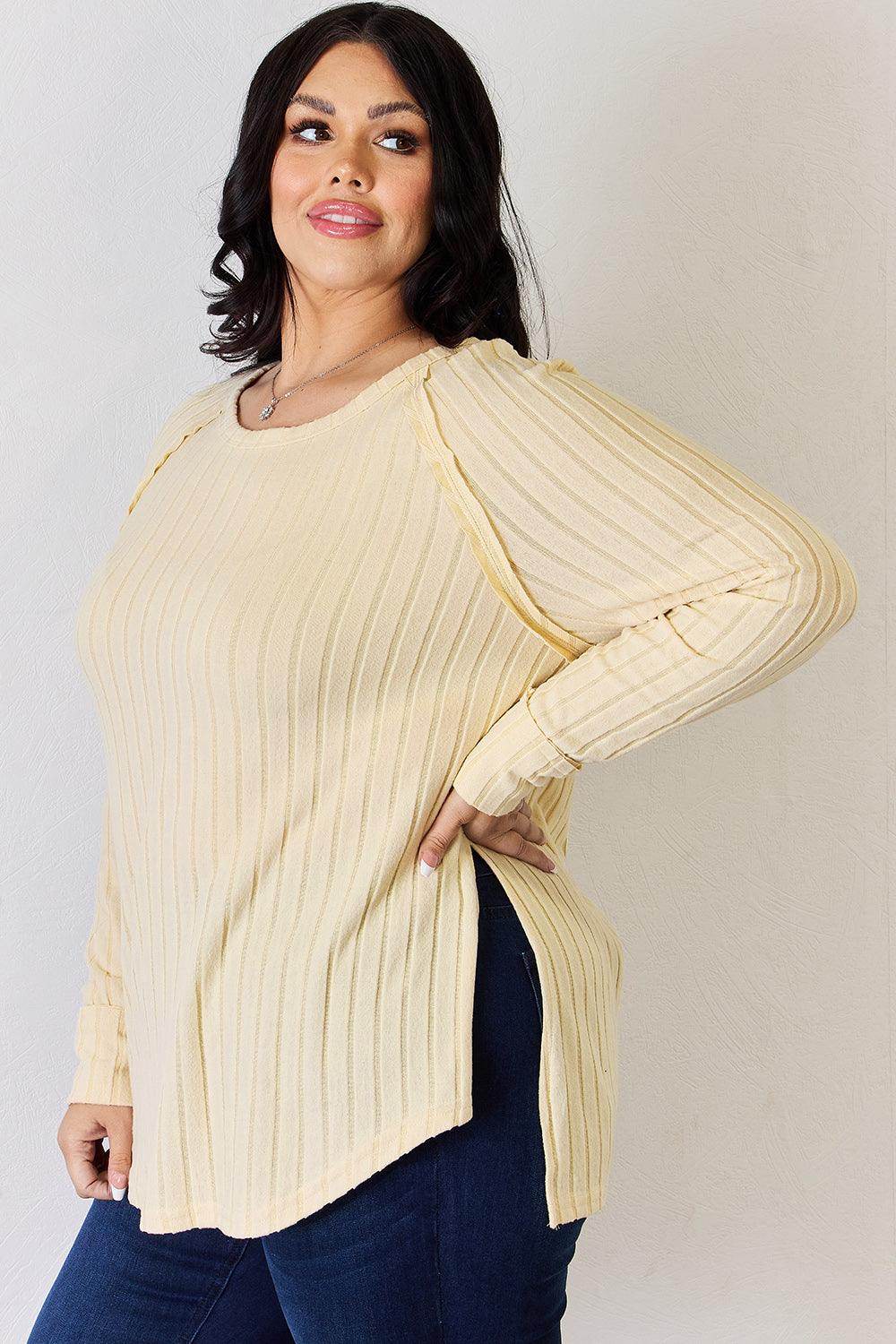 Basic Bae Full Size Ribbed Round Neck Slit T-Shirt for Women