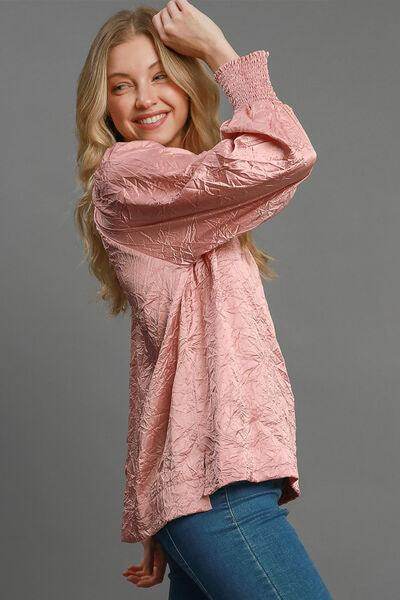 Umgee Wrinkled Round Neck Lantern Sleeve Blouse for Women