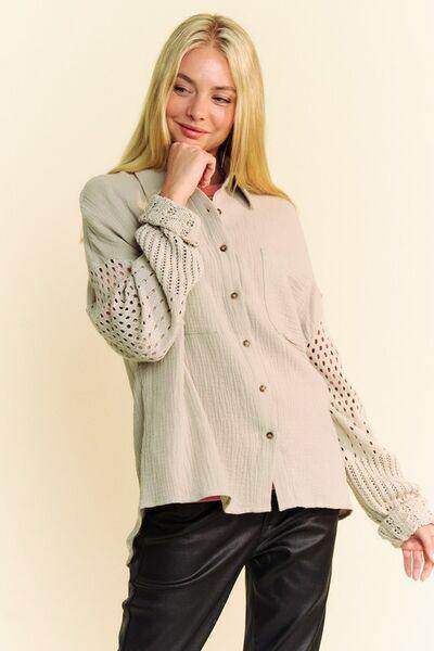 Davi & Dani Crochet Sleeve Crinkled Texture Shirt for Women