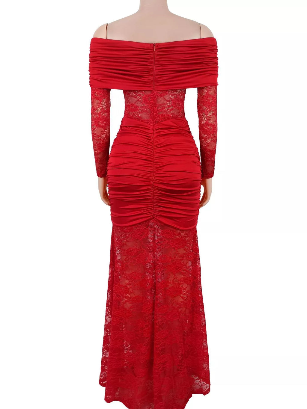 Off-Shoulder Ruched Lace Mermaid Maxi Dress