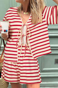 Tied Striped V-Neck Top and Shorts Set for Women