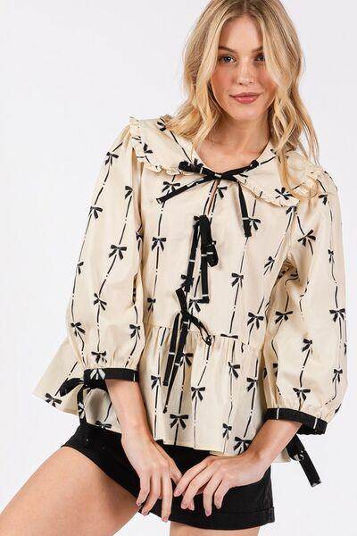 SAGE + FIG Bow Print Tie Front Babydoll Blouse for Women