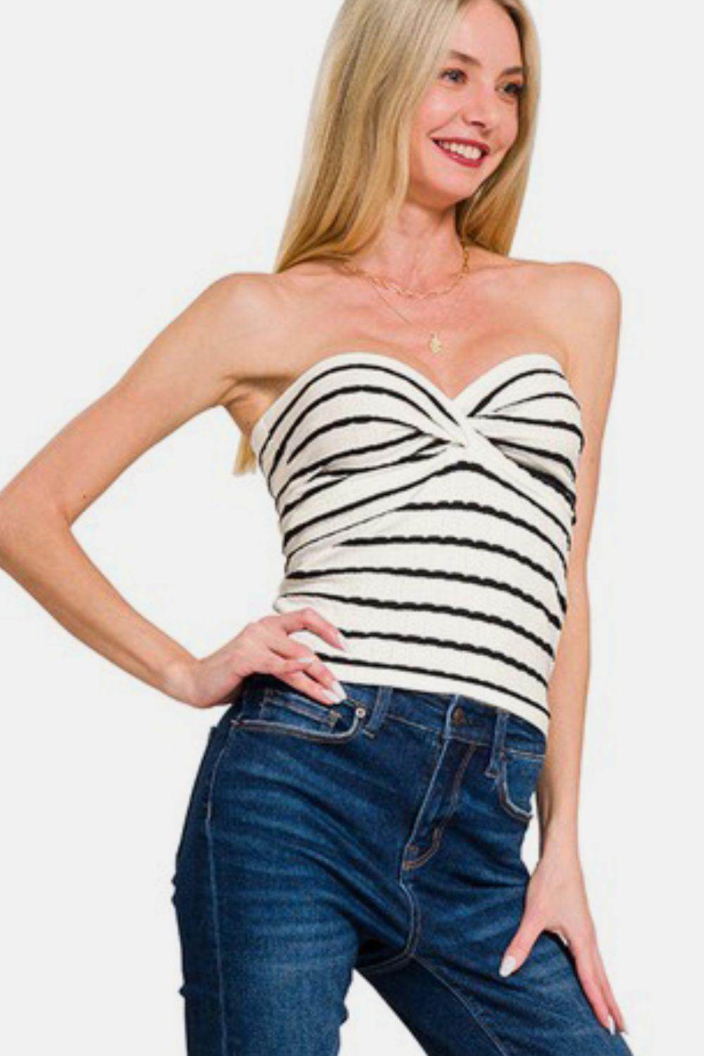 Zenana Twisted Sweetheart Neck Striped Tube Top for Women