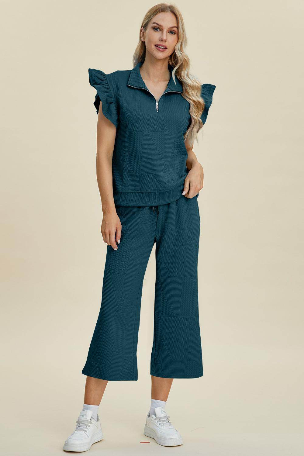 Double Take Full Size Texture Ruffle Top and Pants Set