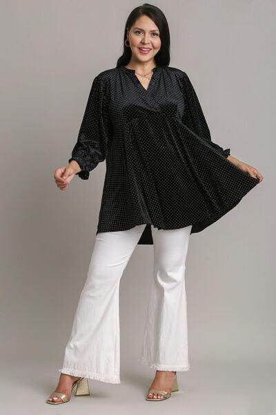 Umgee Full Size Beaded Frill Flounce Sleeve Velvet Blouse