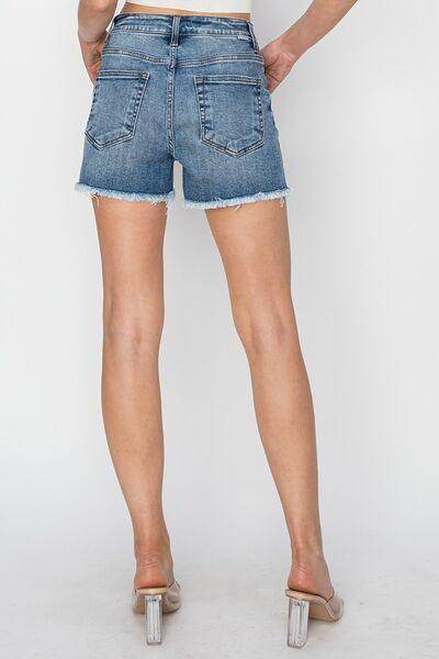 RISEN Stepped Waist Frayed Denim Shorts for Women