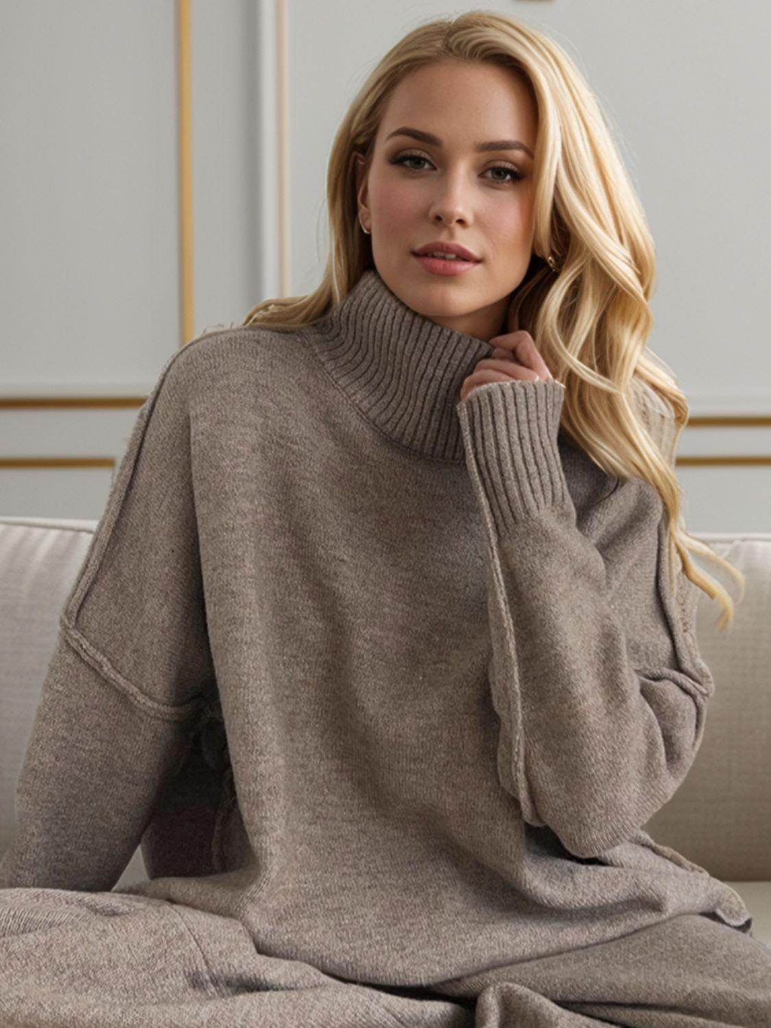 Slit Turtleneck Long Sleeve Top and Pants Sweater Set Outfit