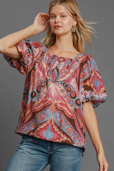 Umgee Full Size Abstract Print Smocked Square Neck Blouse