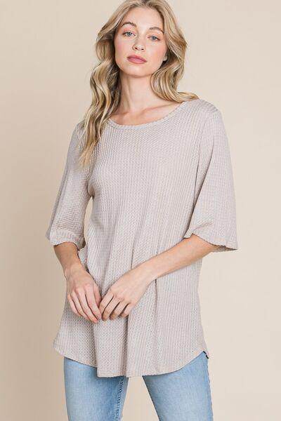 BOMBOM Round Neck Waffle Knit T-Shirt for Effortless Style