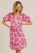 BiBi Printed Square Neck Puff Sleeve Mini Dress for Women