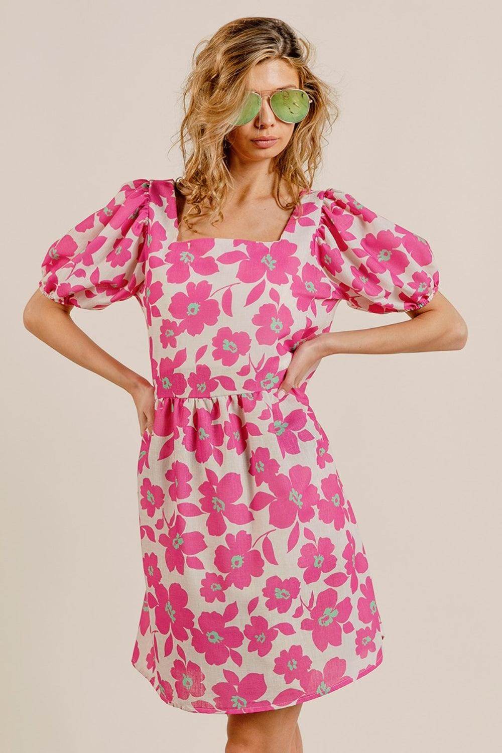 BiBi Printed Square Neck Puff Sleeve Mini Dress for Women