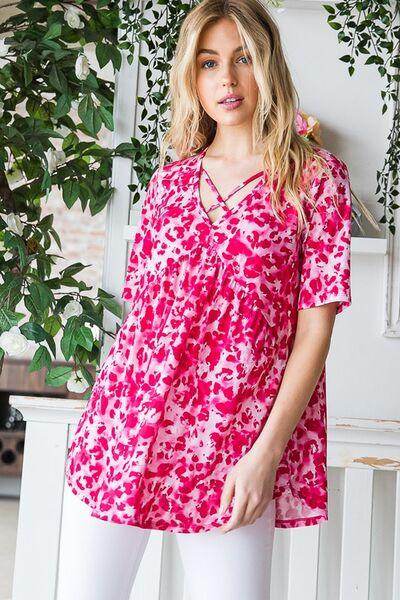 Heimish Full Size Short Sleeve Crisscross Animal Babydoll Top Plus Size