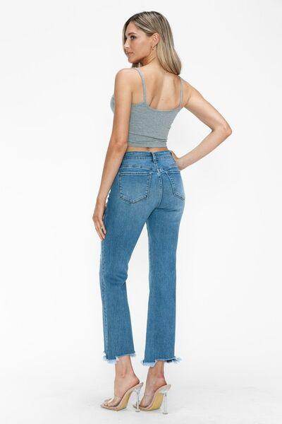 bytos Raw Hem Distressed Mid Rise Crop Jeans for Women