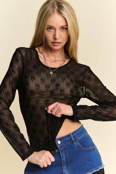 Davi & Dani Bow Mesh Round Neck Long Sleeve Top for Women
