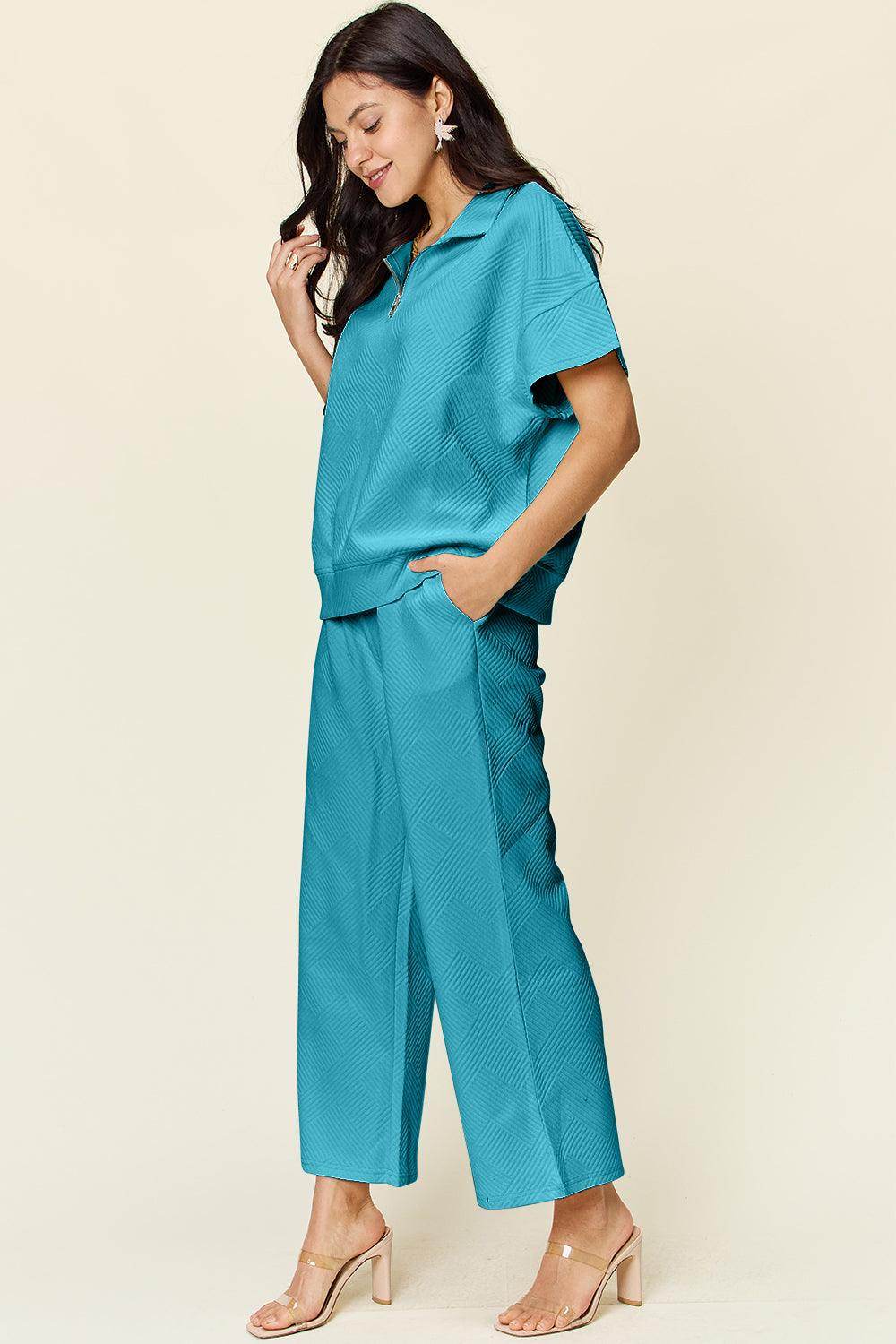 Double Take Full Size Texture Half Zip Short Sleeve Top Set