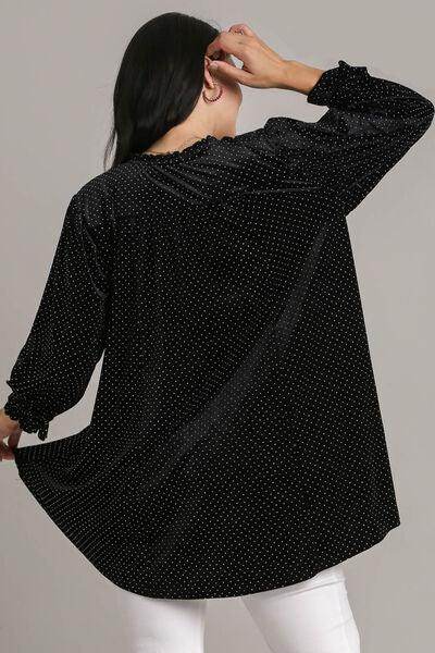 Umgee Full Size Beaded Frill Flounce Sleeve Velvet Blouse