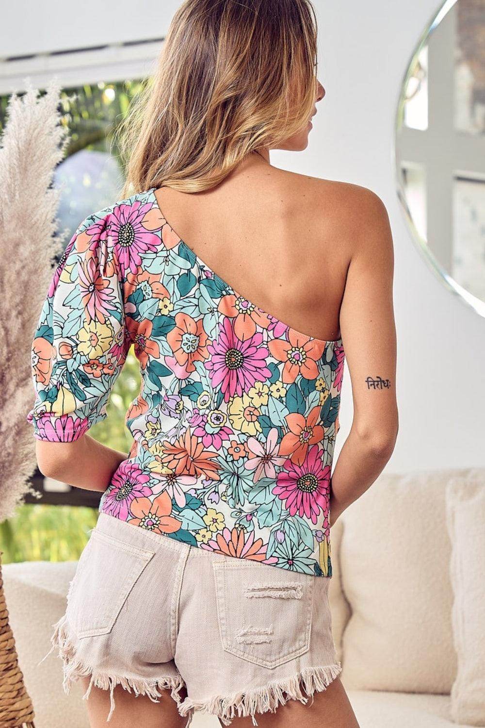 BiBi Floral Puff Sleeve One Shoulder Top for Women