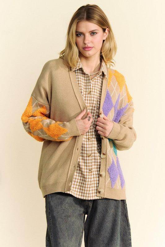 Davi & Dani Argyle V-Neck Dropped Shoulder Cardigan Style