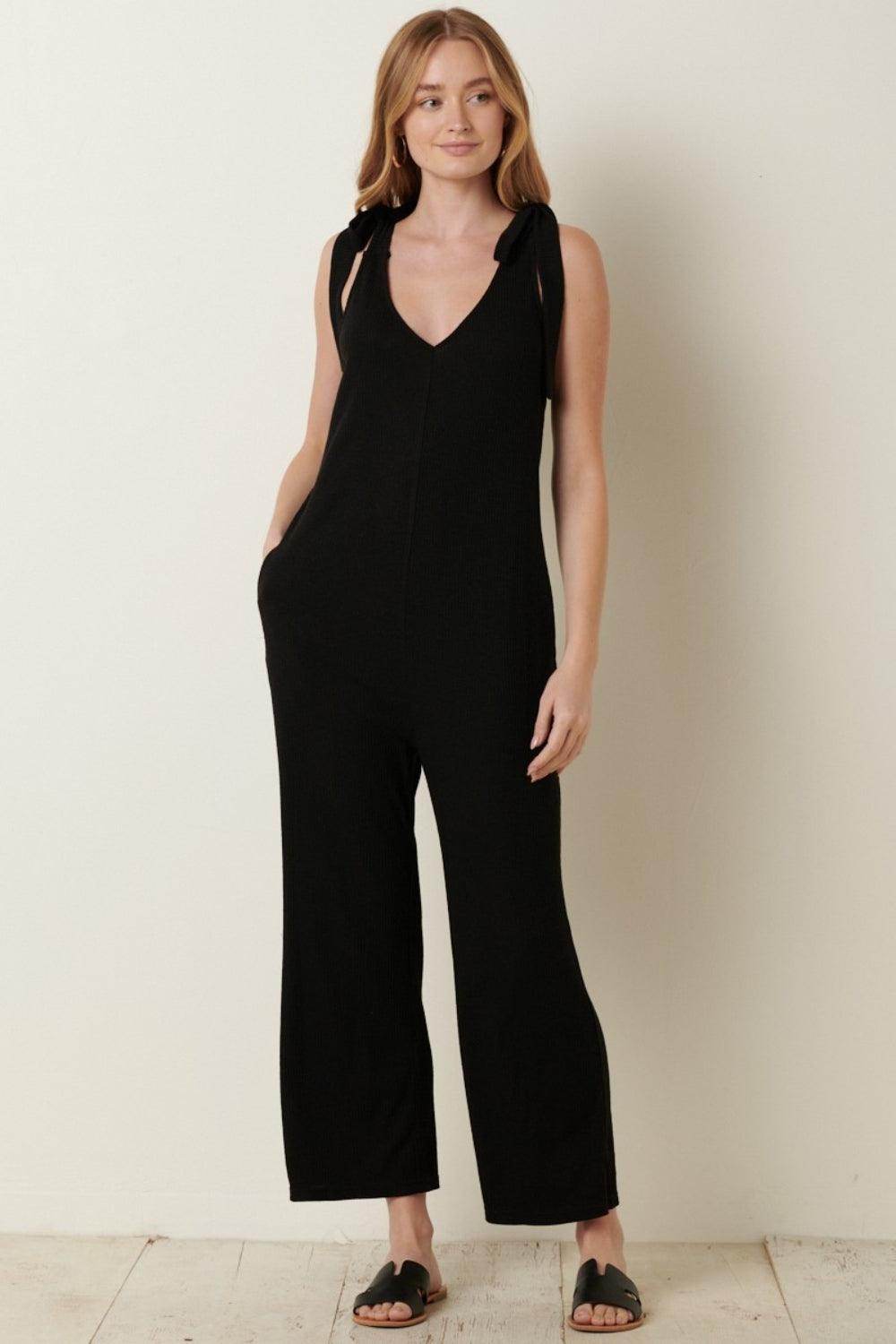 Mittoshop Rib Knit V-Neck Cross Back Jumpsuit for Women