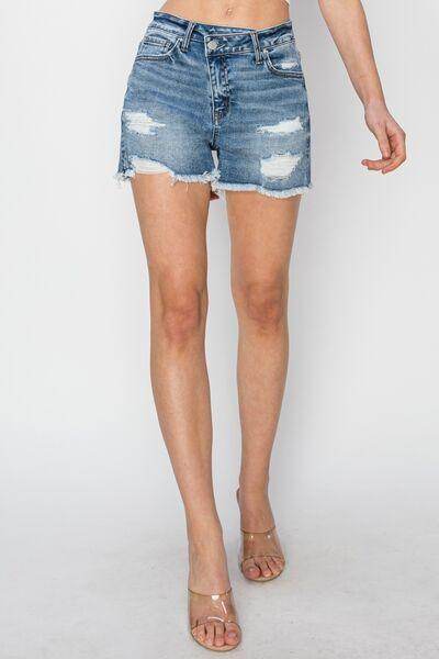 RISEN Stepped Waist Frayed Denim Shorts for Women