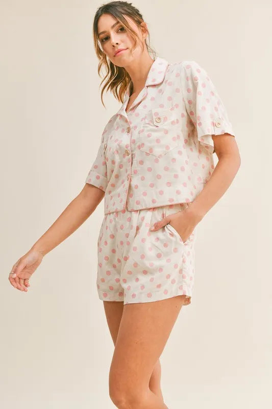 MABLE Polka Dot Collar Crop Top and Short Lounge Set