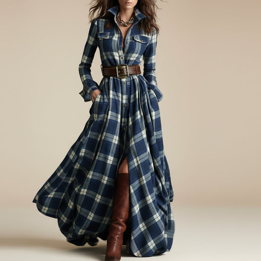 Women's Plus Size Plaid Print Long Sleeve Shirt Dress with Pockets