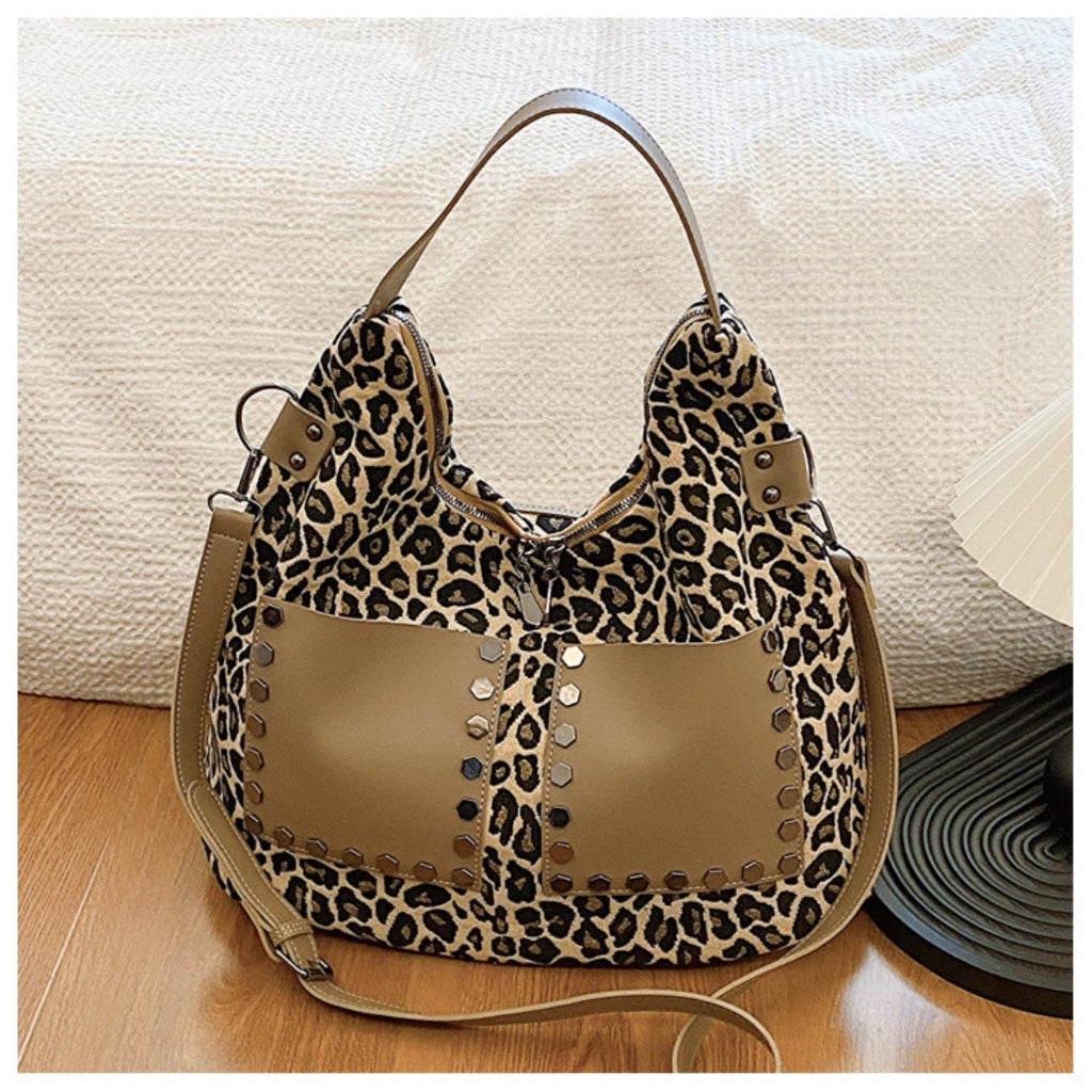 Ladies leopard print large capacity tote bag, vintage hobo bag casual, shoulder bag with crossbody strap, bag shoulder bag women