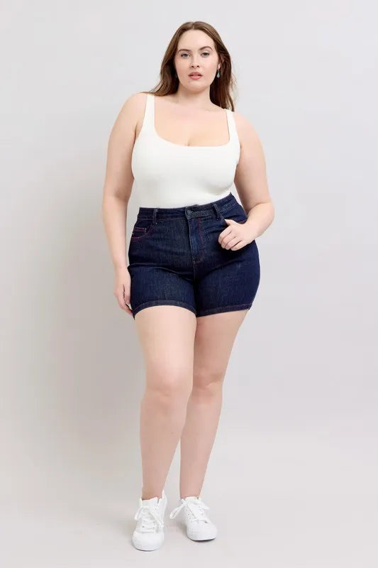 Judy Blue Full Size High Waist Heart Shaped Pkts & Red Contrast Thread Denim Shorts Plus Size