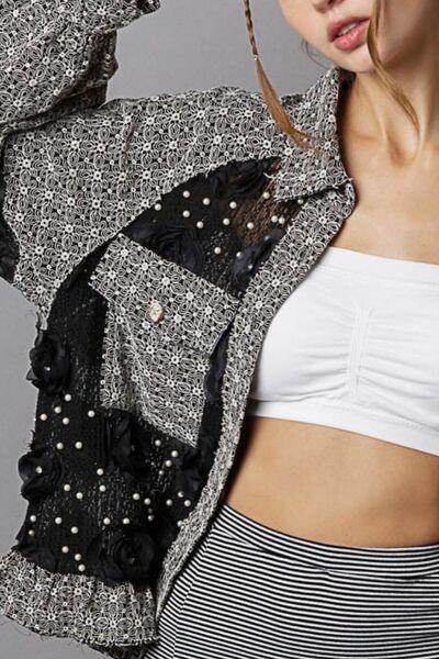 POL Eyelet Flower Pearl Detail Lace Patchwork Shirt For Women