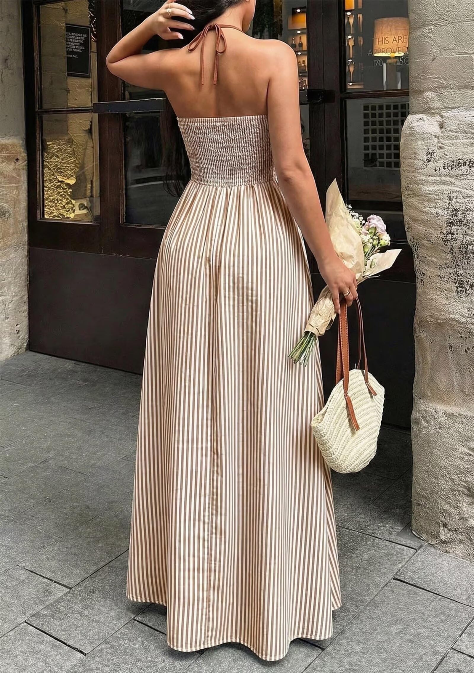 Women Summer Striped Halter Maxi Dress Sexy Beach Vacation Sundress | Casual, travel brunch dresses, soft fabric, deep v neck, backless, smocked, flowy, a line