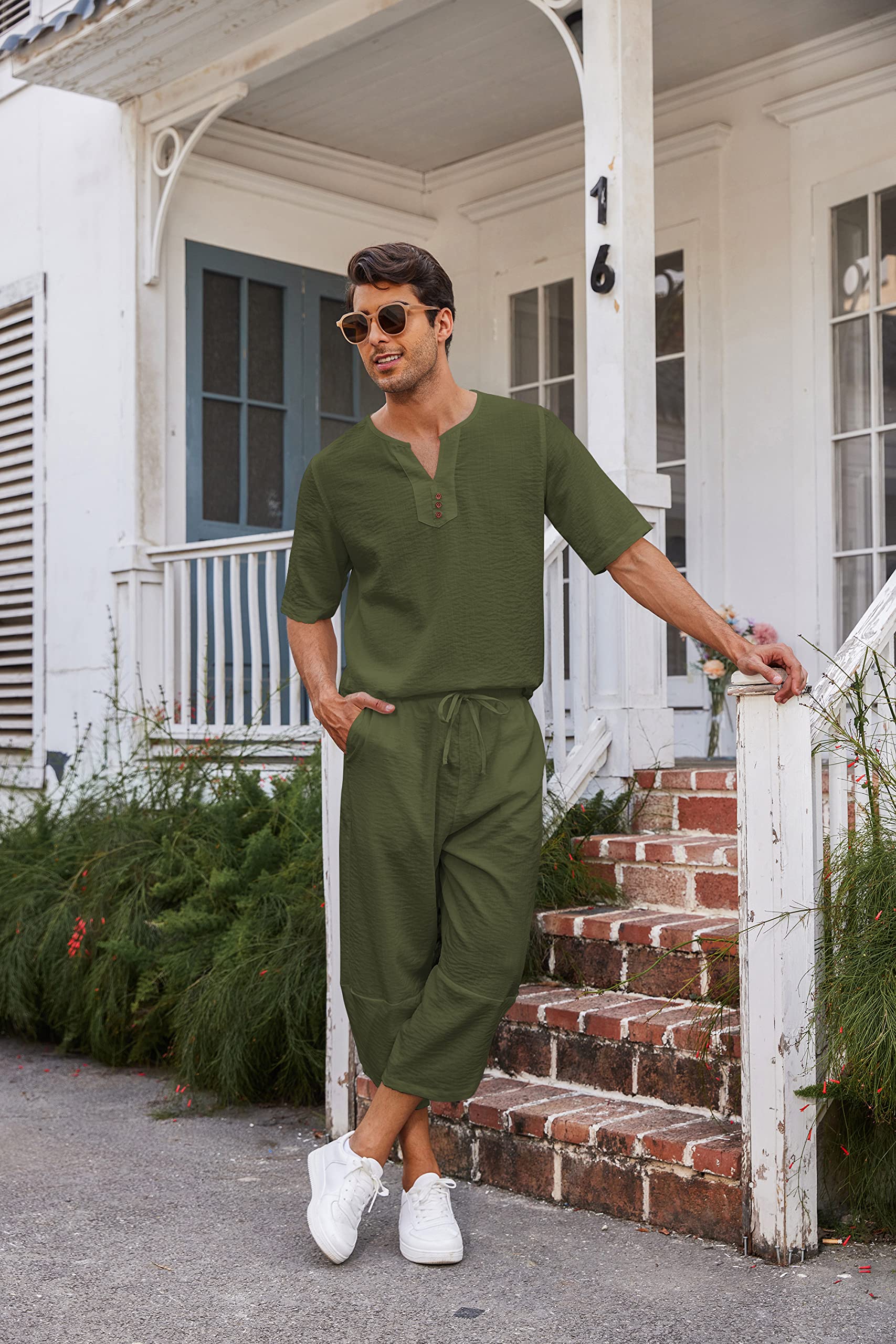COOFANDY Men's 2 Pieces Linen Set Henley Shirt Short Sleeve and Harem Capri Pants Wide Leg Baggy Beach Yoga Trousers Outfits