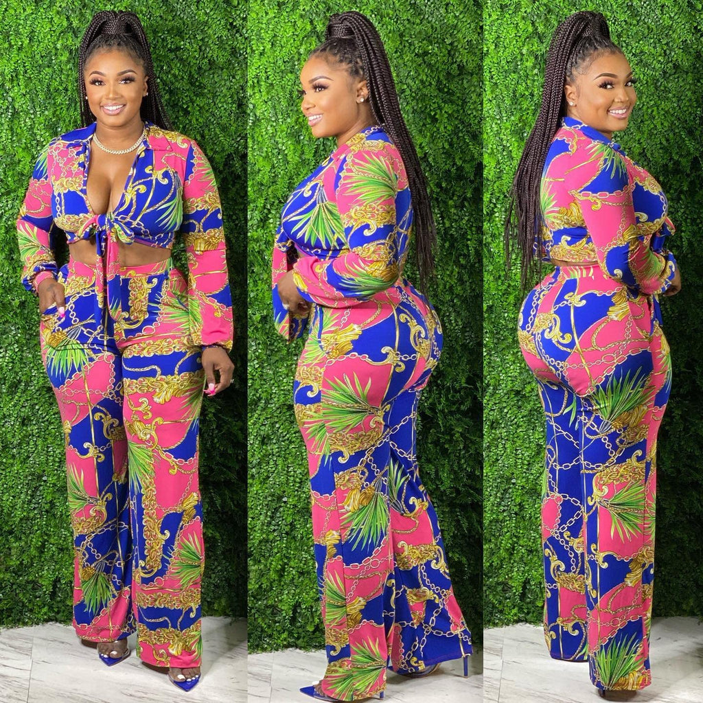 2 Piece Outfits for Women Sexy V Neck Print Shirts Tie Knot Batwing Blouses Crop Top Wide Leg Pants Set