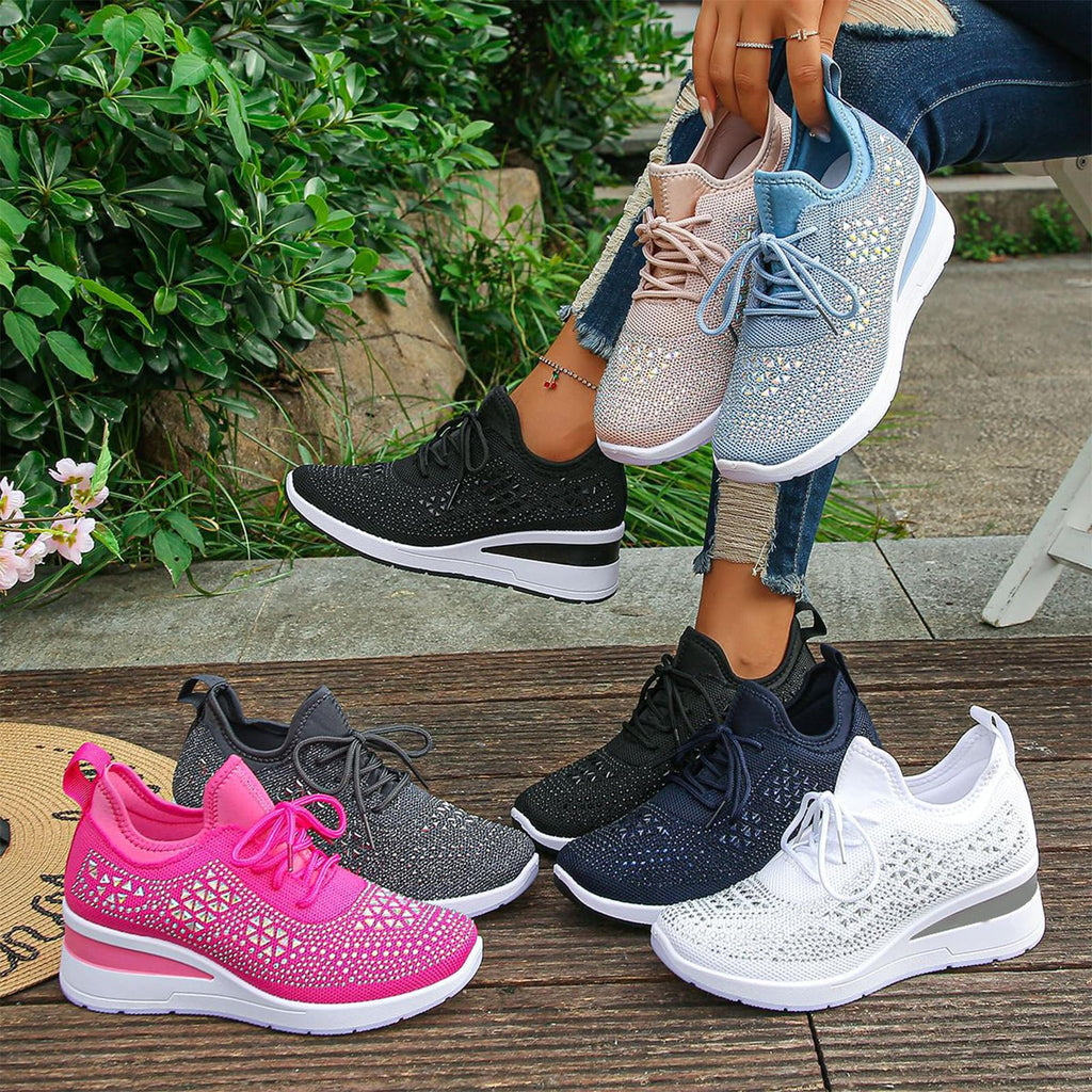 Glitter Rhinestone Wedge Sneakers with Lace-Up for Women Fashion Shiny Sequin Comfort Orthopedic Breathable Mesh Round Toe Soft Sole Tennis Walking Shoes