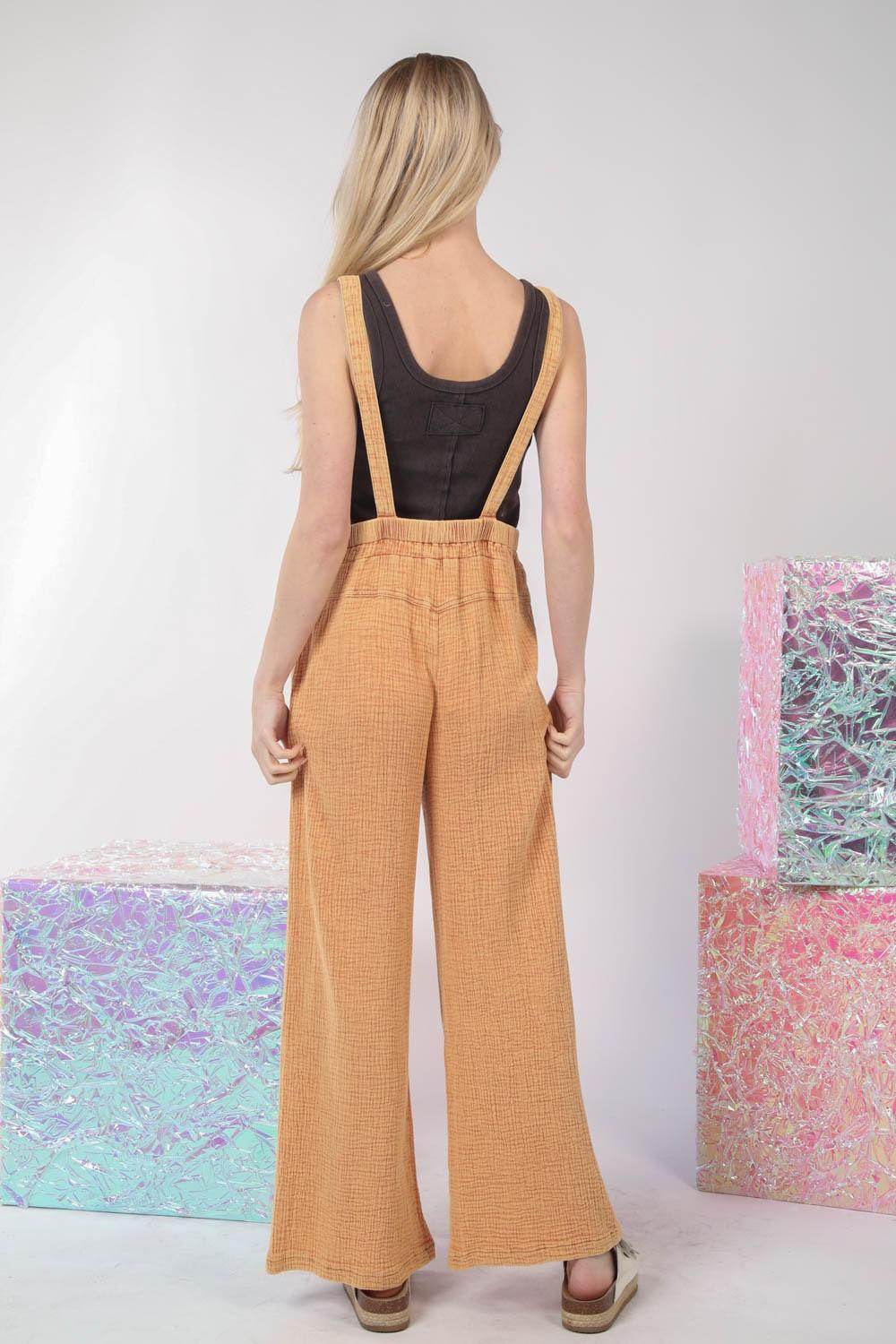 Very J Texture Washed Wide Leg Overalls for Effortless Style