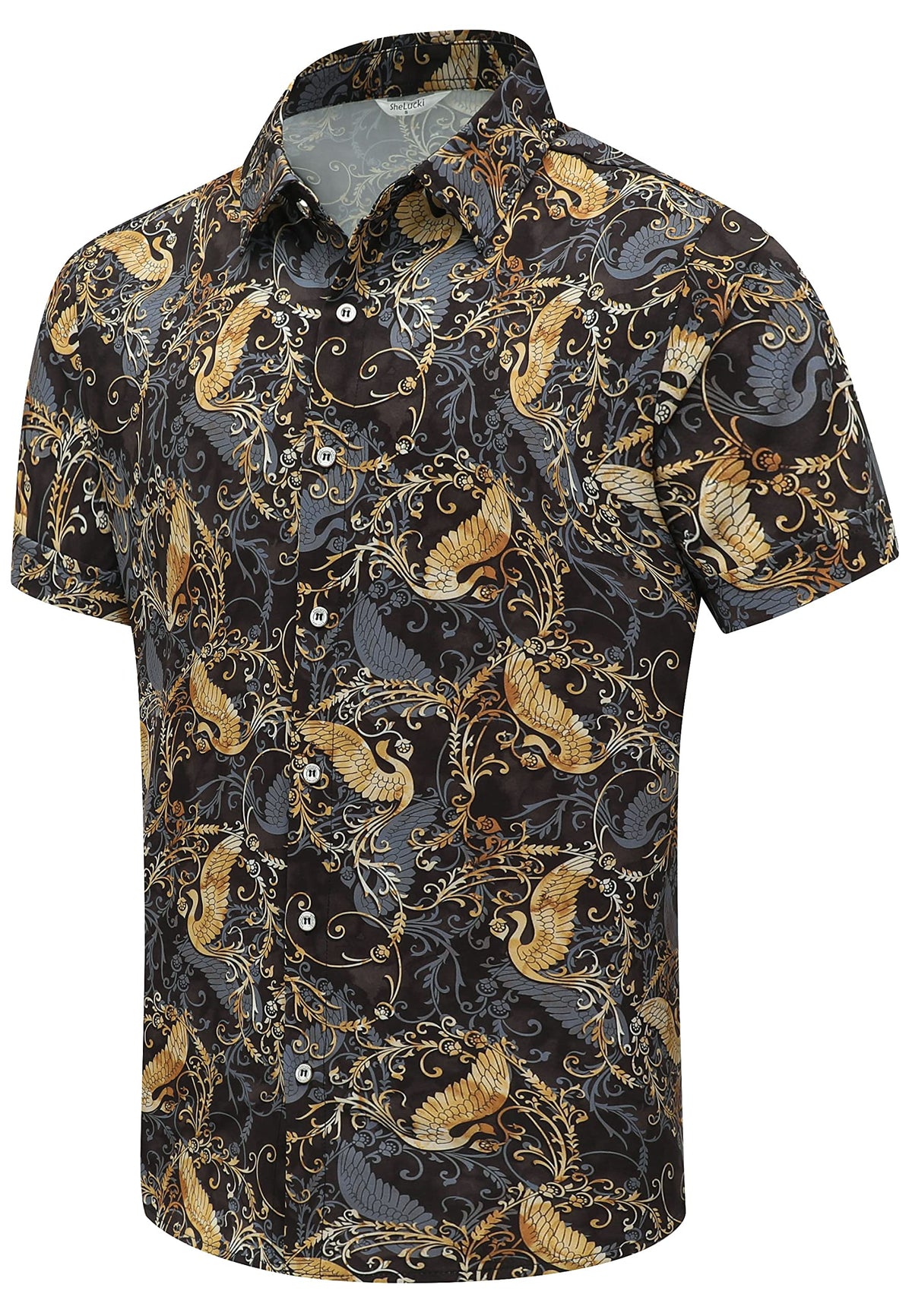 SheLucki Hawaiian Shirt for Men, Unisex Summer Beach Casual Short Sleeve Button Down Shirts, Printed Palmshadow Clothing