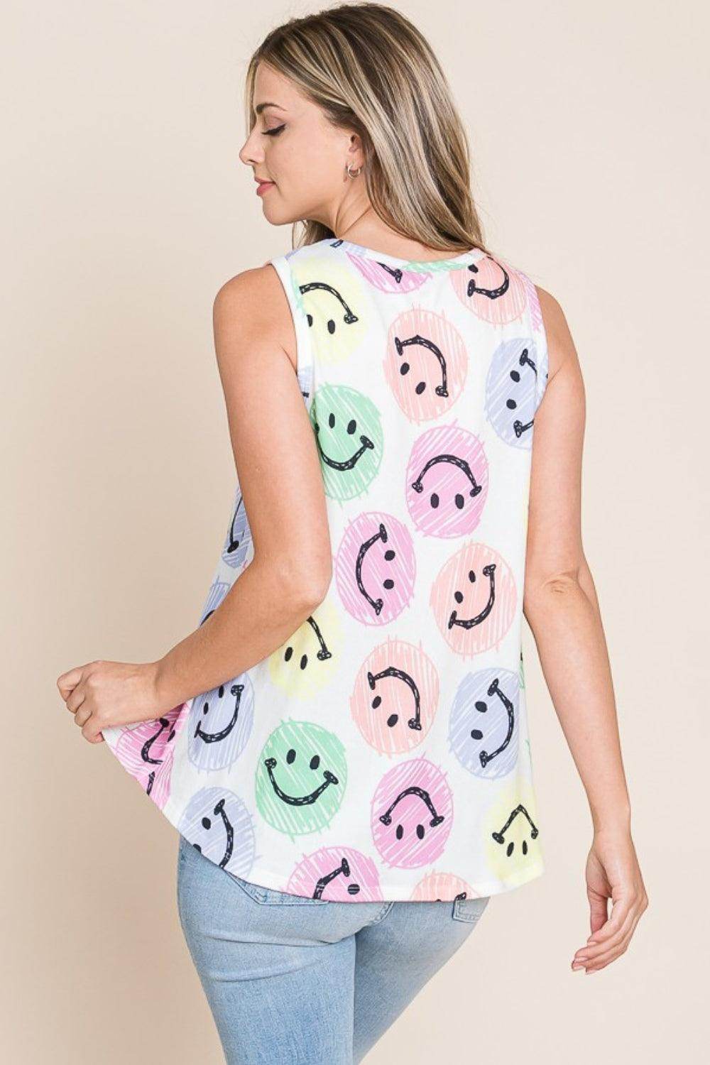 BOMBOM Smiley Face Round Neck Tank for Casual Style