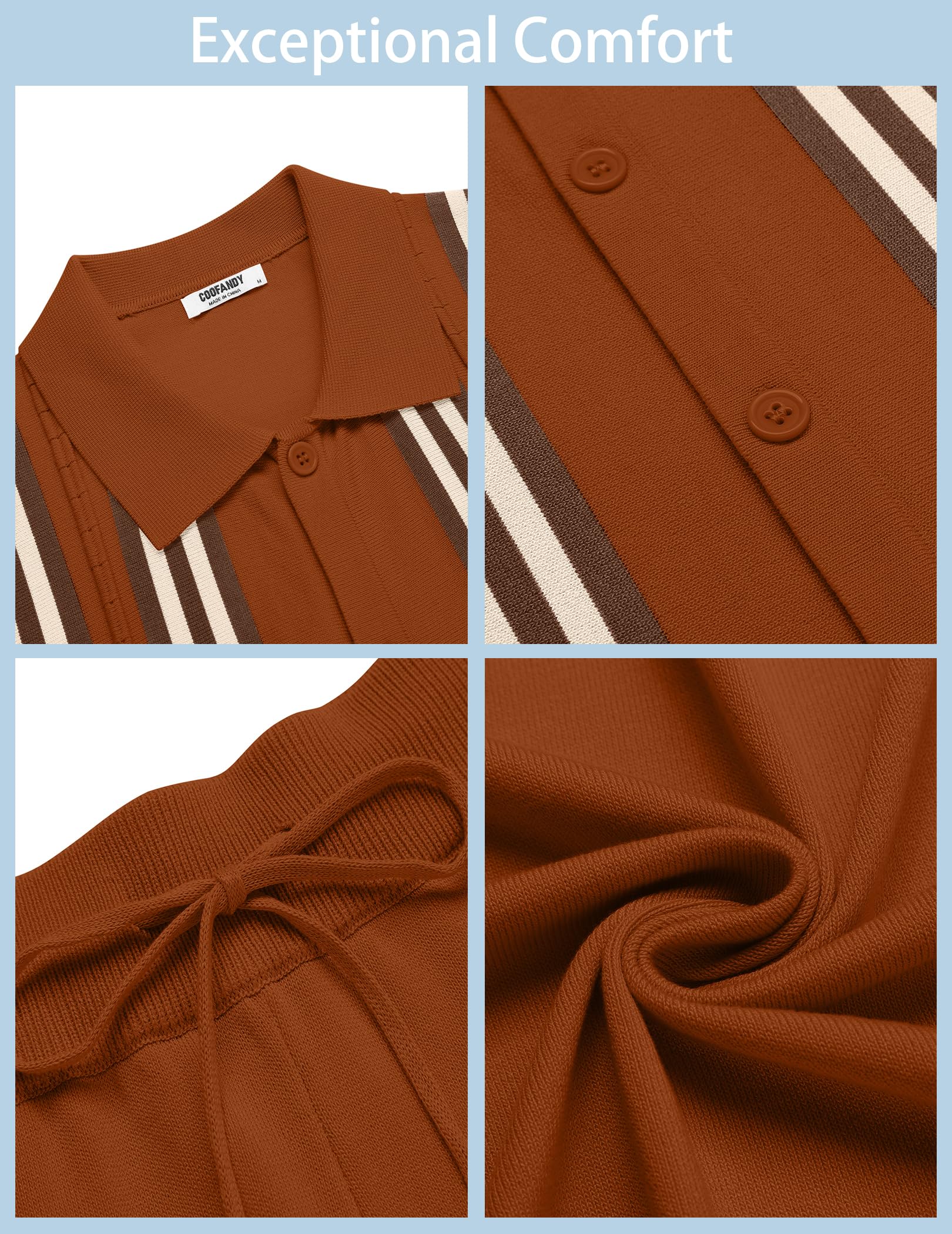 COOFANDY Men's 2 Piece Outfits Summer Short Sets Vintage Knit Button Down Shirt Short Sleeve Polo Casual Beach Suits