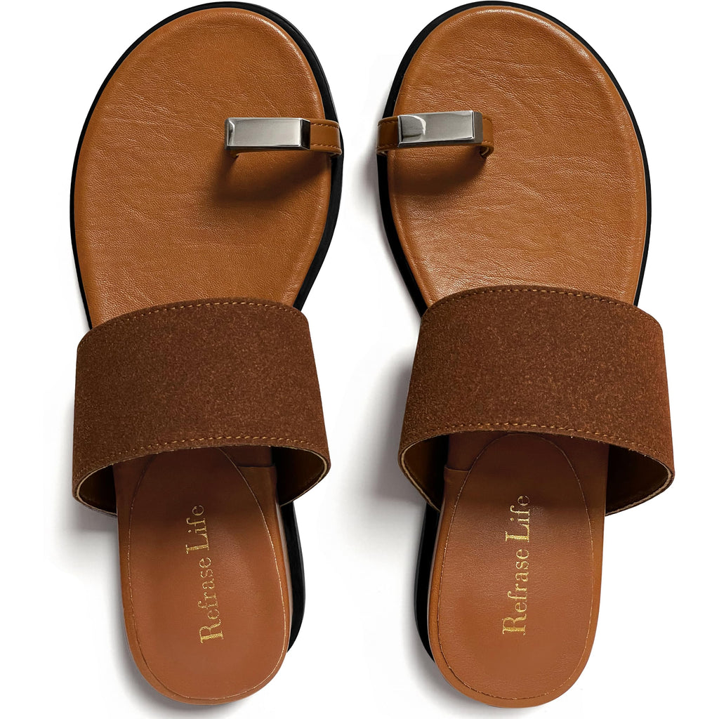REFRASE LIFE Women's Toe Ring Slide Sandals Strappy Toe Loop Slip On Open Toe Flip Flops, Casual Summer Beach Shoes